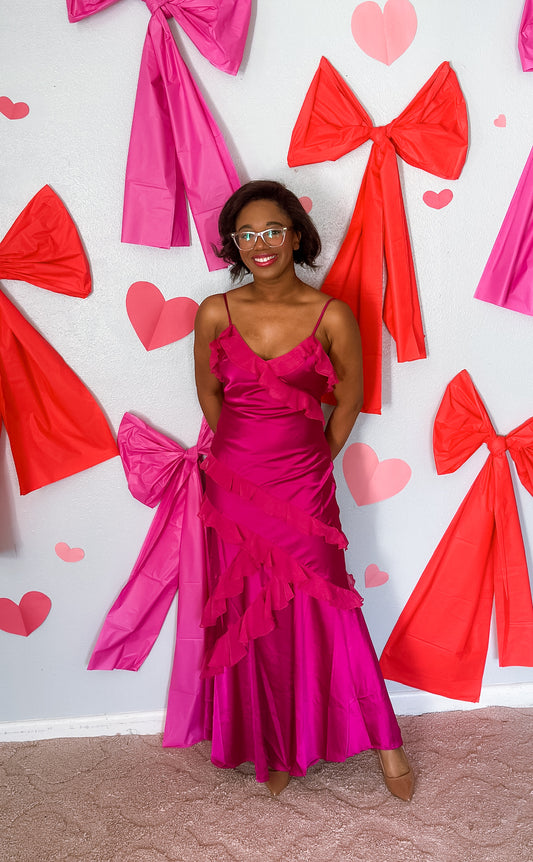 Paris Pink Satin Ruffle Maxi Dress