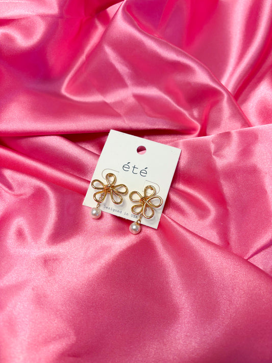 Wire flower and pearl earrings