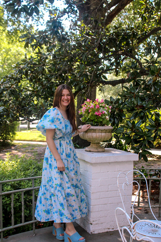 Perla Smocked floral puff sleeve dress